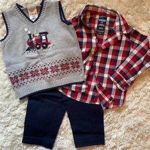 Izod Kids Red and Blue Plaid Shirt with Gray Train Vest